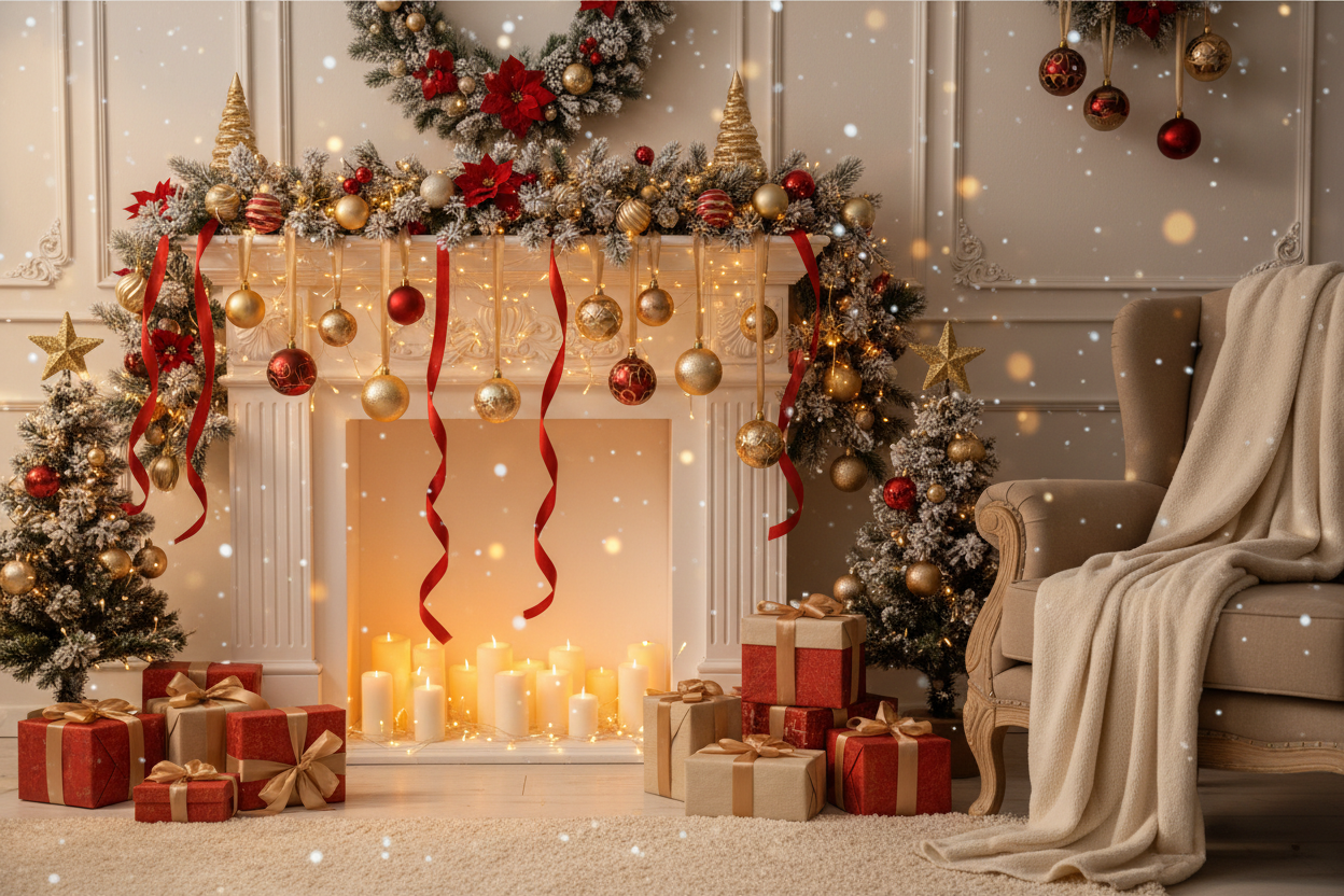"A cozy Christmas-themed banner with warm glowing lights, red and gold decorations, snowflakes falling softly, gift boxes stacked, and a festive home interior scene. Add space for headline and CTA. Modern, clean, high-quality eCommerce banner style."
