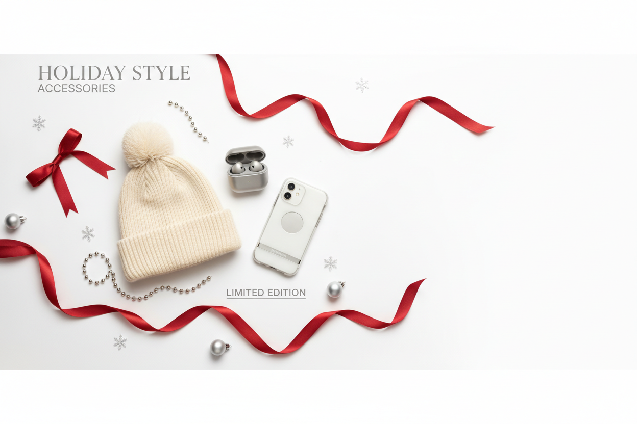 “Stylish Christmas-themed accessories banner with red ribbons, snowflakes, winter beanie aesthetic, tech accessories, and clean modern layout. Premium and trendy.”