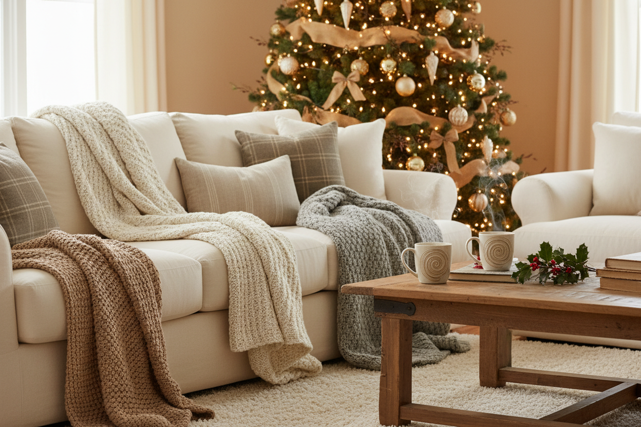 “Warm living room holiday setup with blankets, mugs, soft lighting, Christmas tree in background, and cozy winter vibes. Minimal, lifestyle-focused eCommerce banner.”